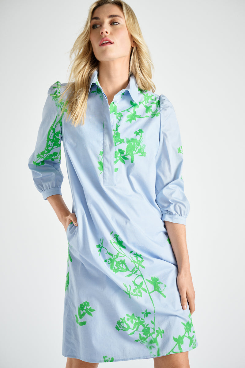 Robe bleu ciel à fleurs vertes