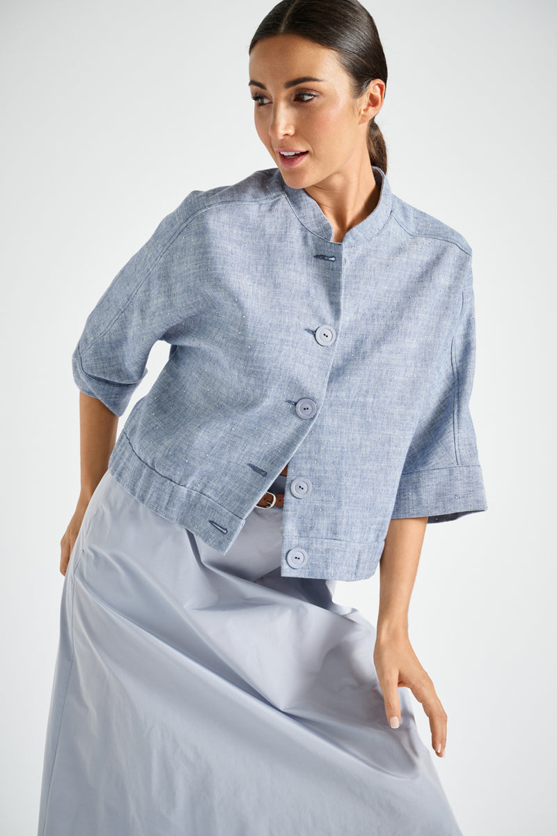 Veste-chemisier courte en denim à col rond