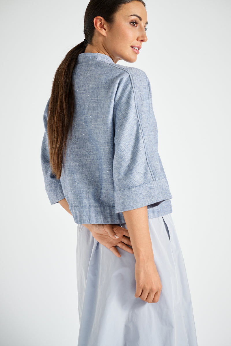Veste-chemisier courte en denim à col rond