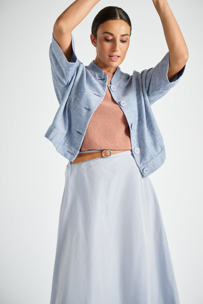 Veste-chemisier courte en denim à col rond
