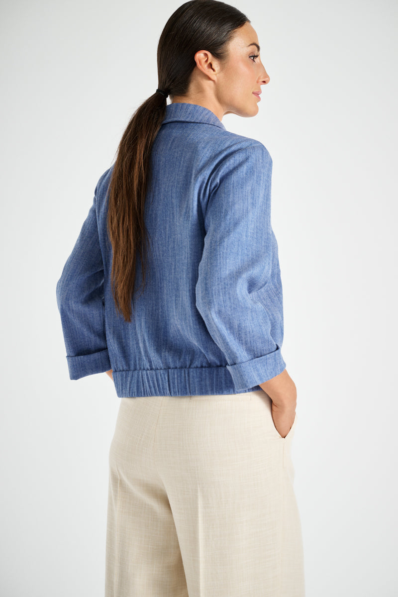 Denim bomber jacket with collar and zipper