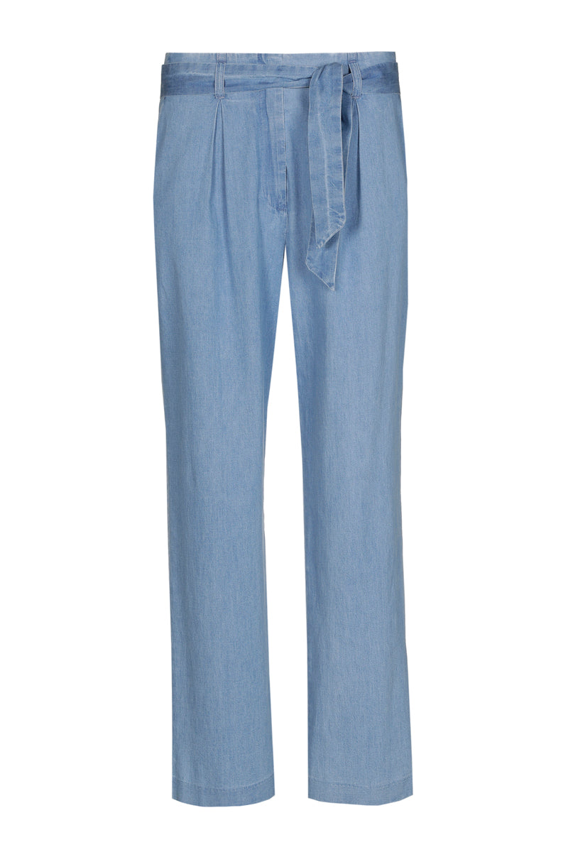 Broek in jeanslook met bandplooi en riem