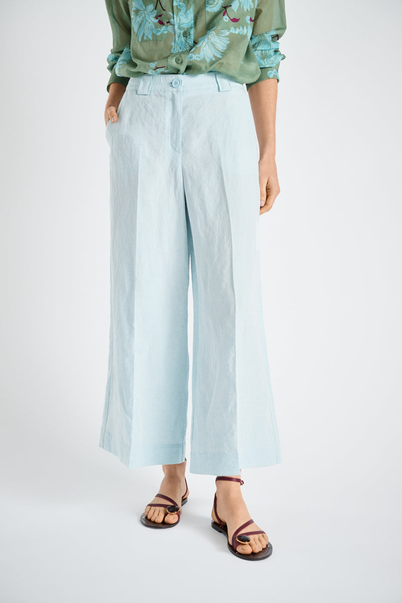Pantalon 7/8 en lin turquoise