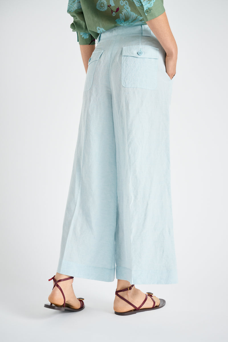 Pantalon 7/8 en lin turquoise