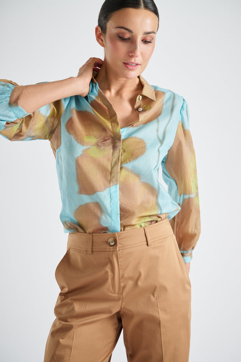 Turquoise shirt with camel flower print