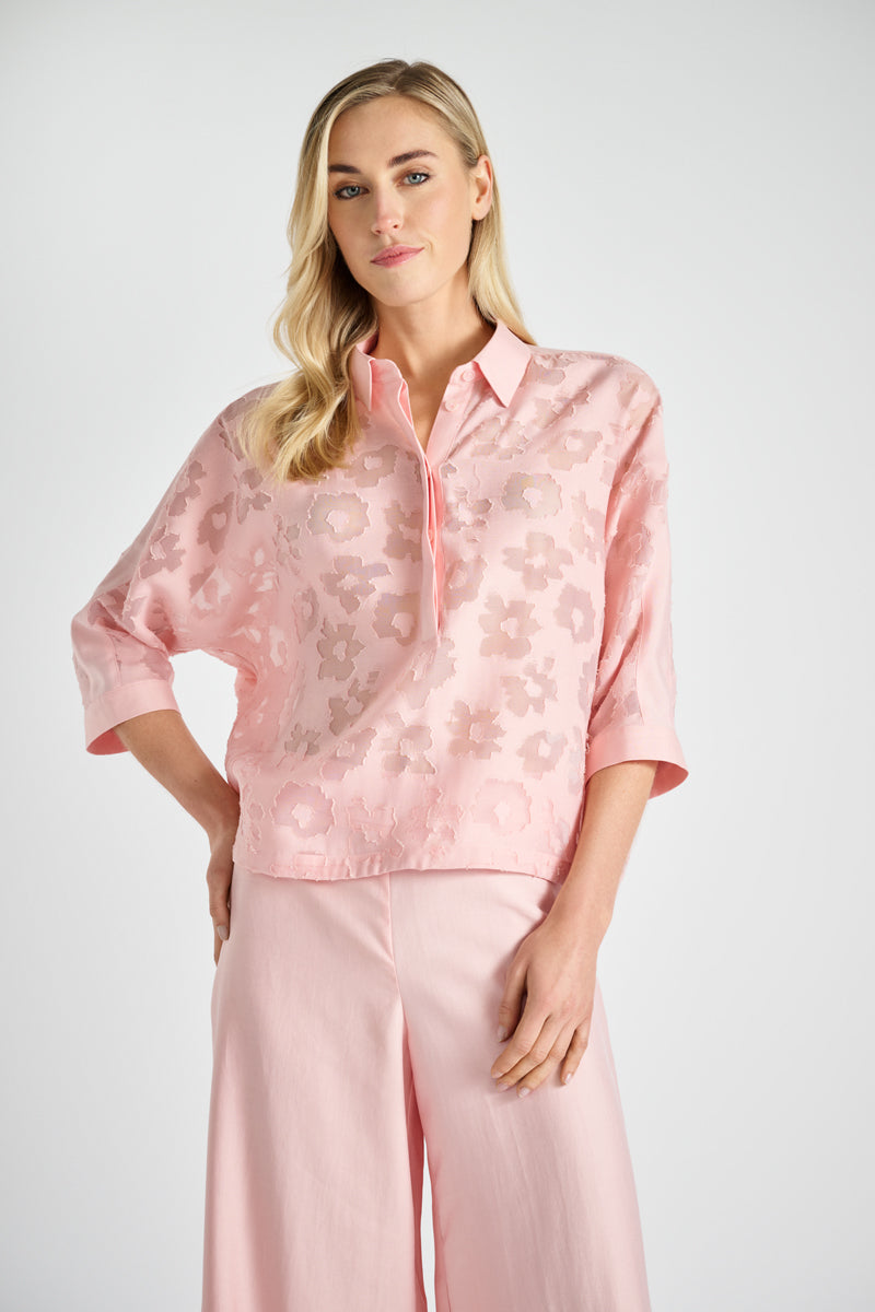 Pink polo shirt with transparent flowers