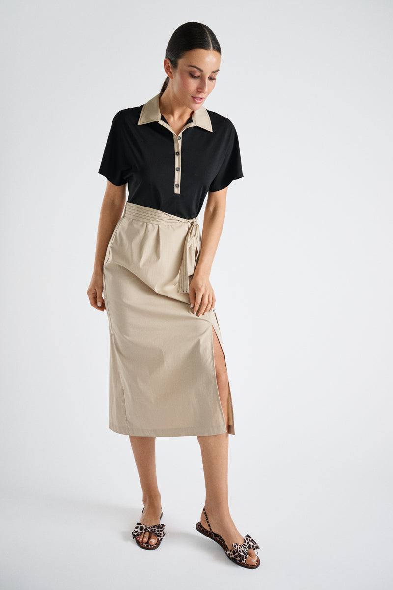 Bicolor belted shirtdress beige-black