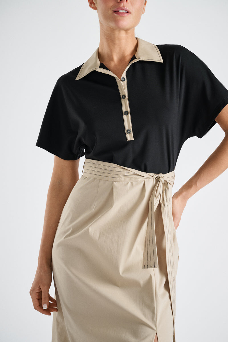 Bicolor belted shirtdress beige-black