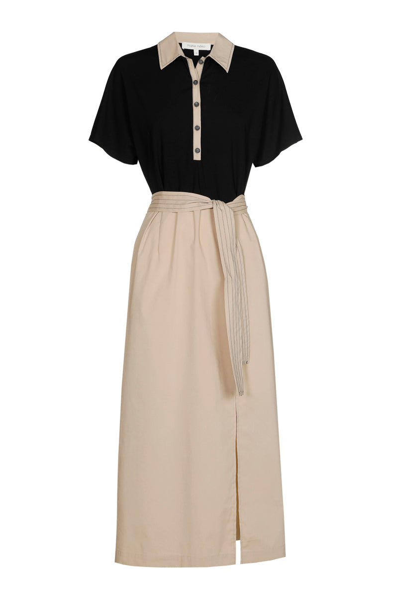 Bicolor hemdsjurk beige-zwart met riem