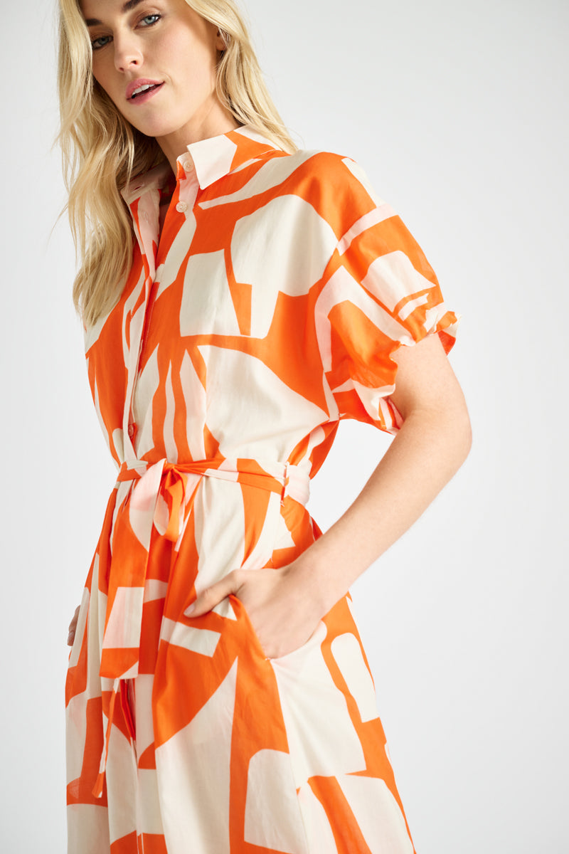 Printed long orange shirt dress 
