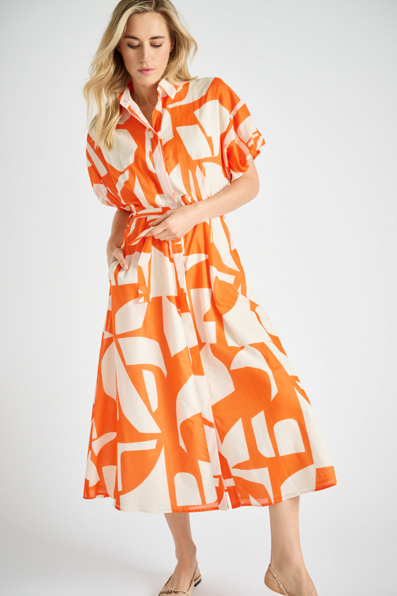 Printed long orange shirt dress 