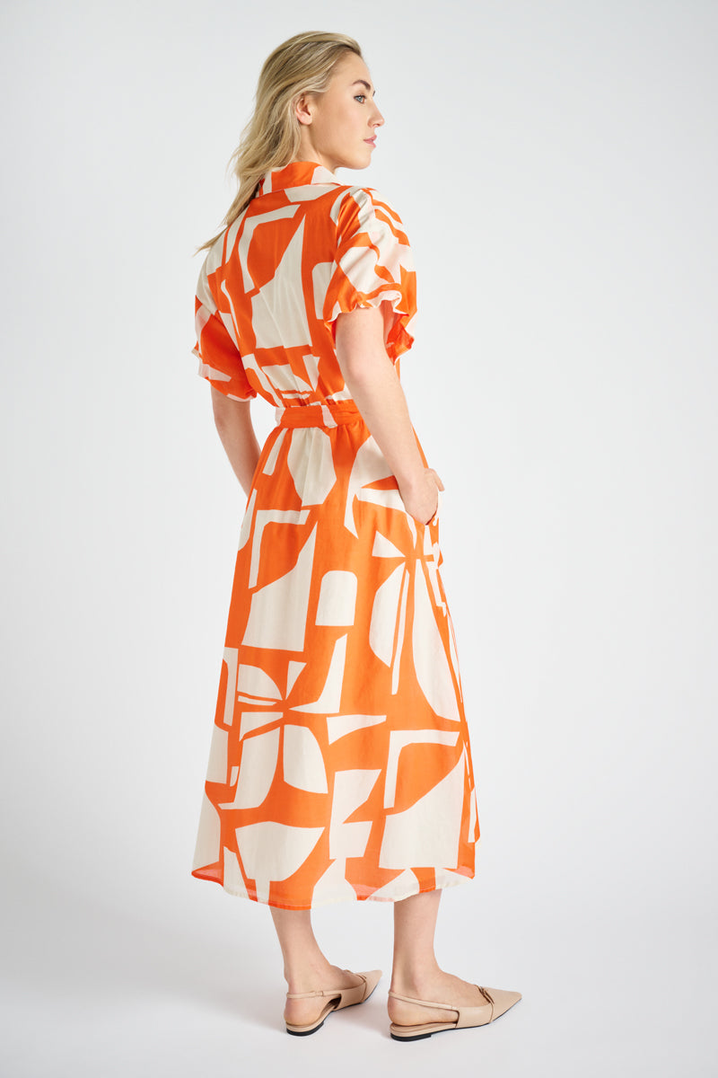 Printed long orange shirt dress 
