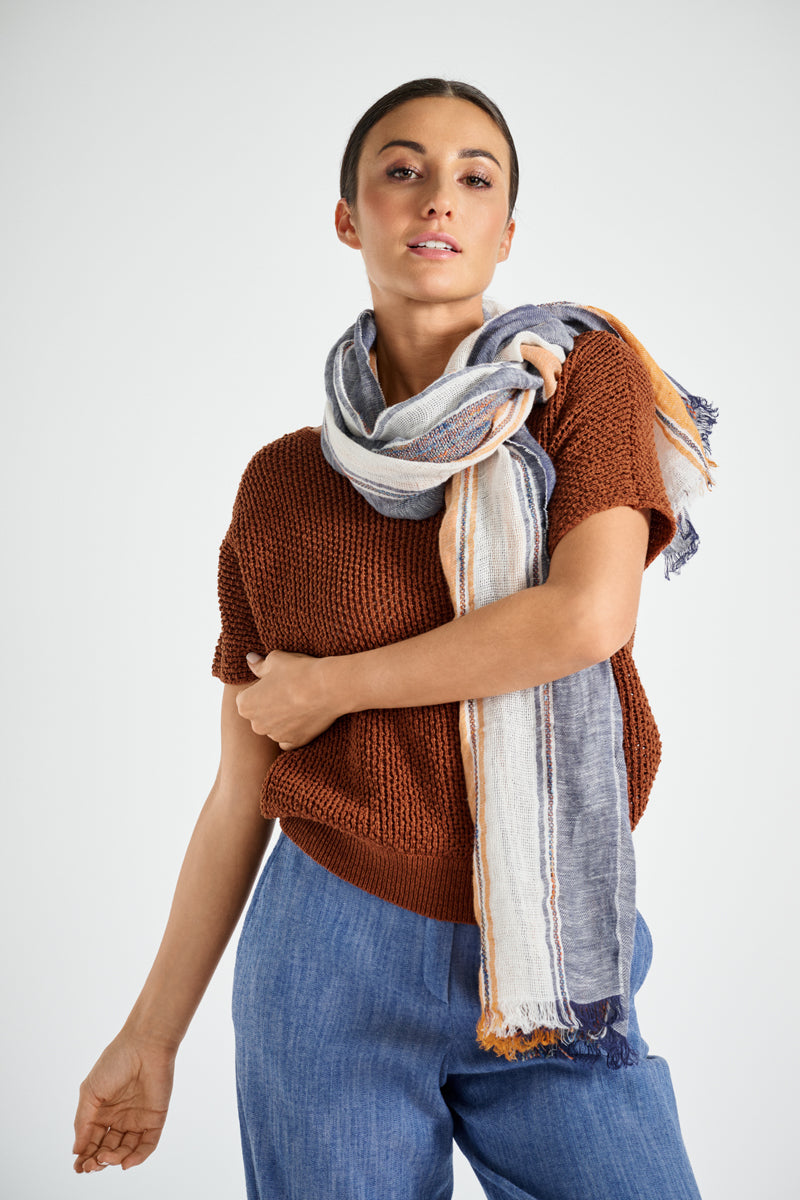 Echarpe en lin bleue-orange-blanche