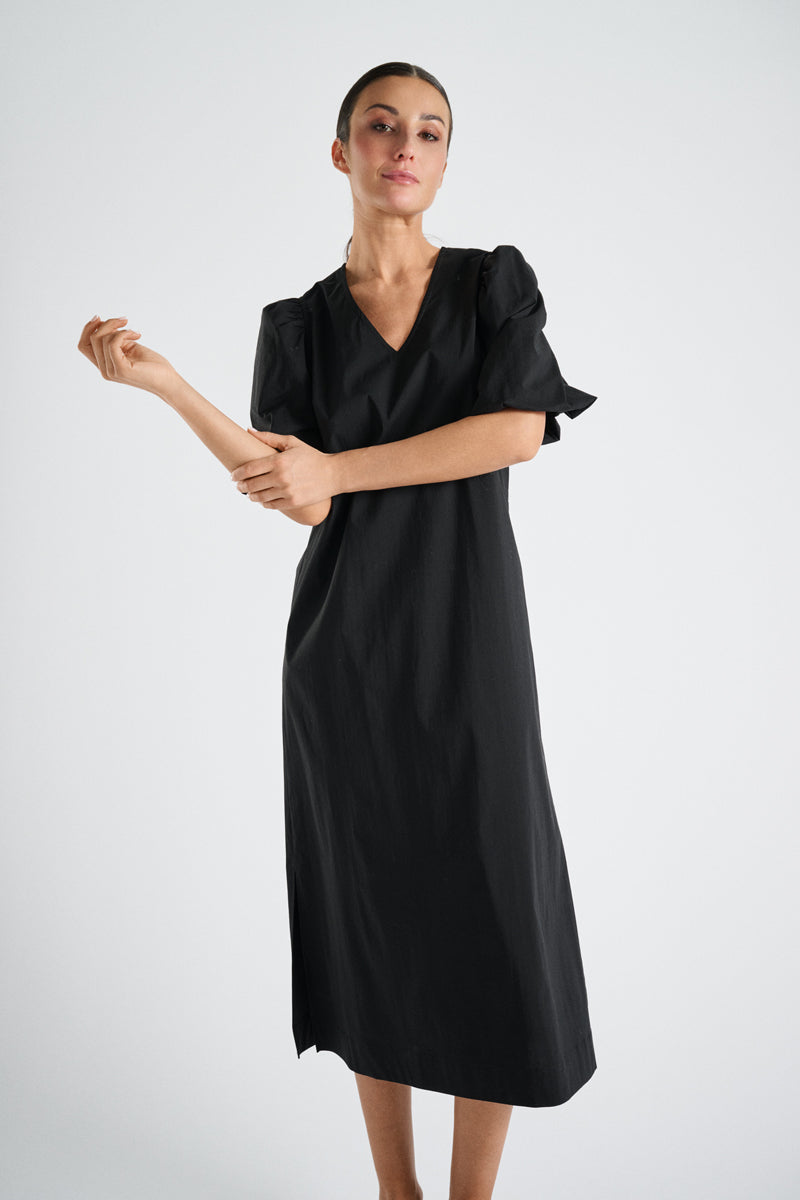 Black midi-dress with puffed sleeves
