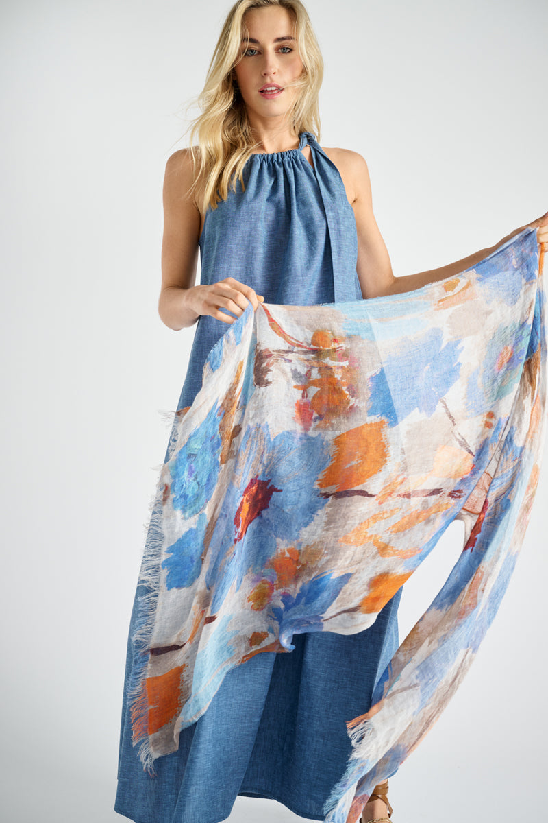 Grande et large écharpe en lin avec fleurs bleues-oranges