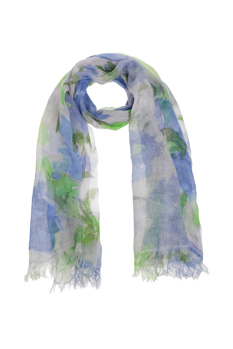 Grande et large écharpe en lin avec fleurs bleues-vertes