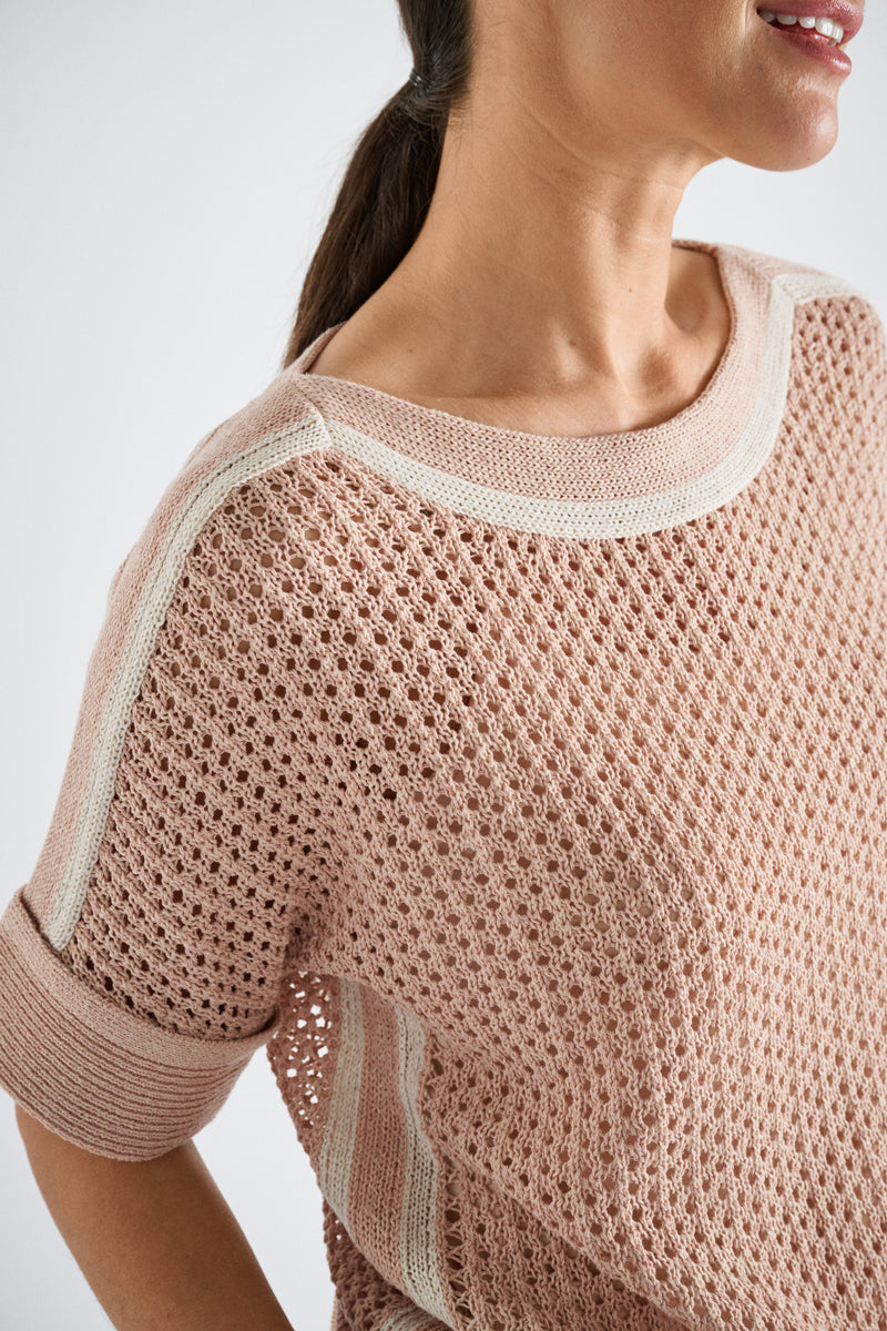 Crochet trui roze met gekleurde bies