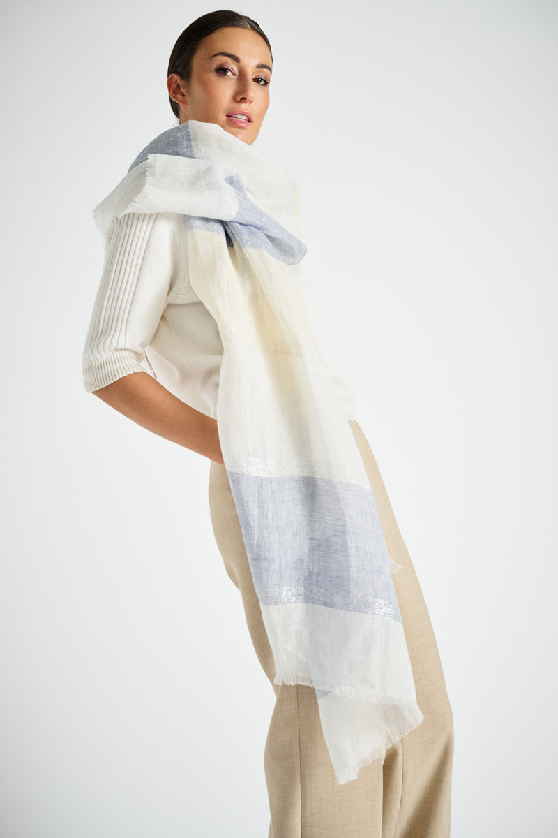 Echarpe en lin bleue-lurex-blanche