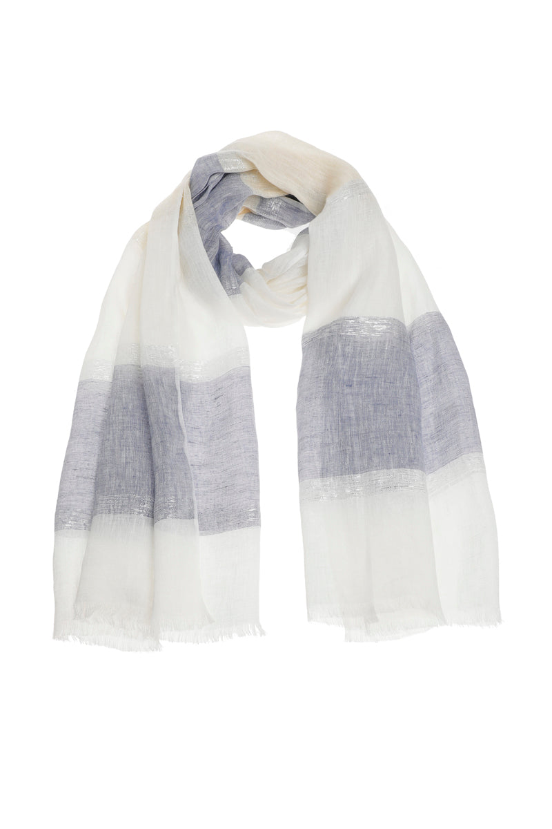 Echarpe en lin bleue-lurex-blanche