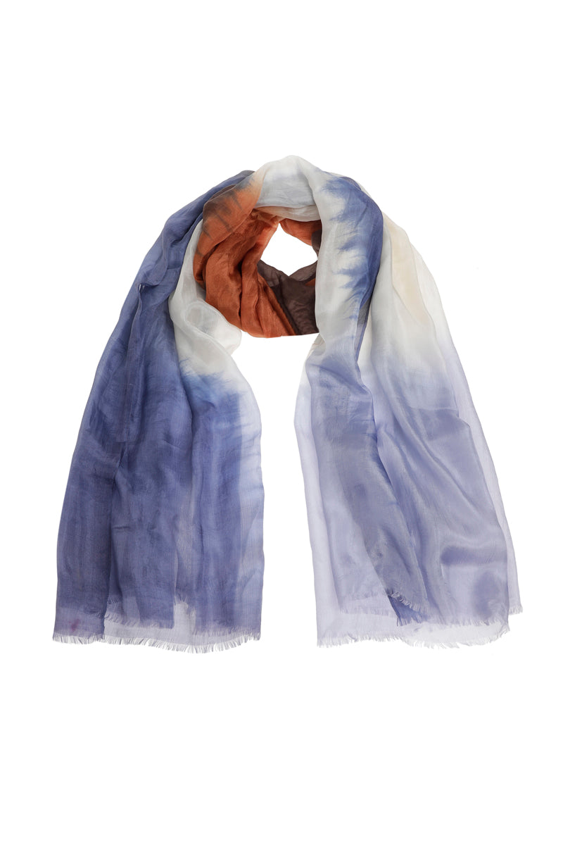 Echarpe en soie bleue-cognac-blanche