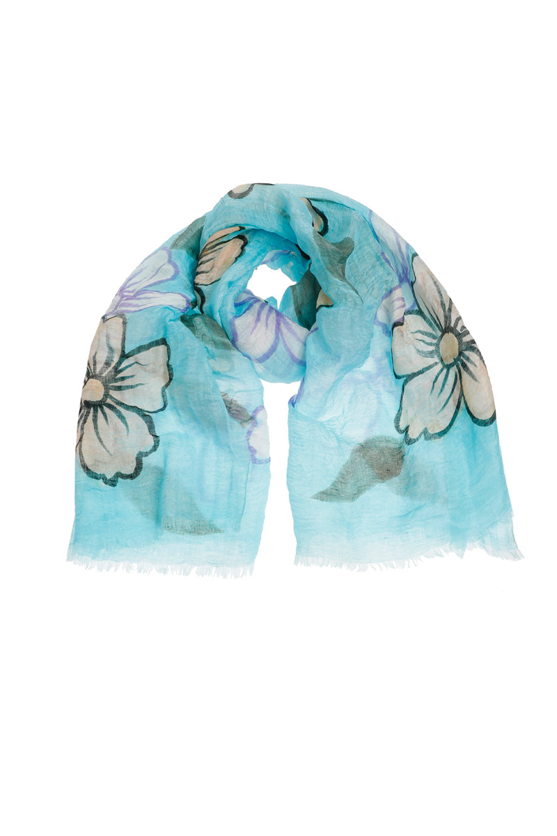 Linnen and silk green and blue flower scarf