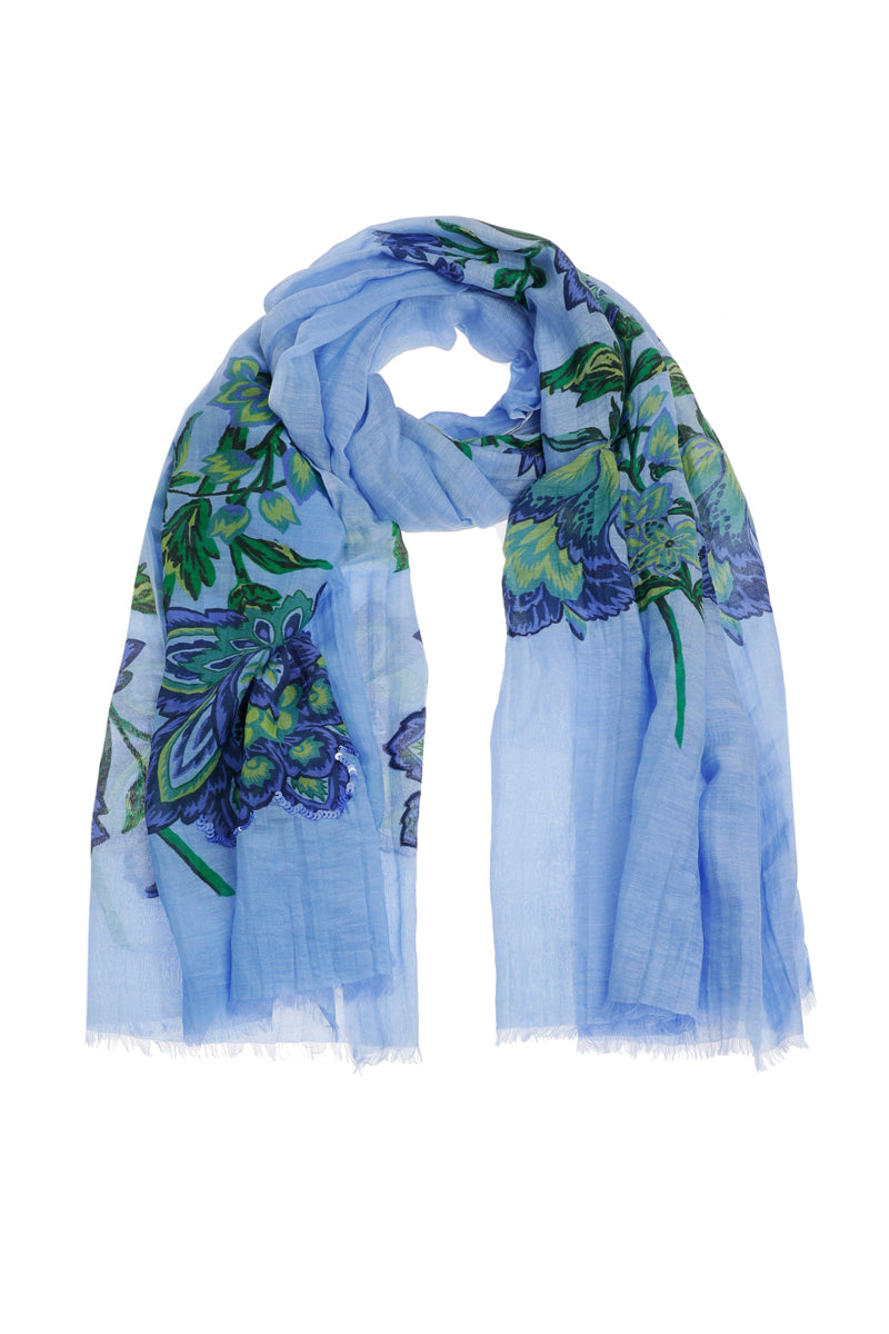 Echarpe longue en coton-soie à fleurs bleues et vertes