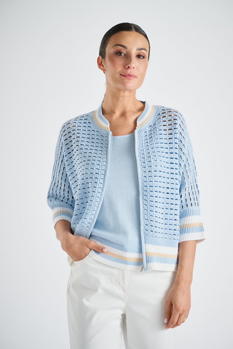 Cardigan crocheté à bords contrastés ciel