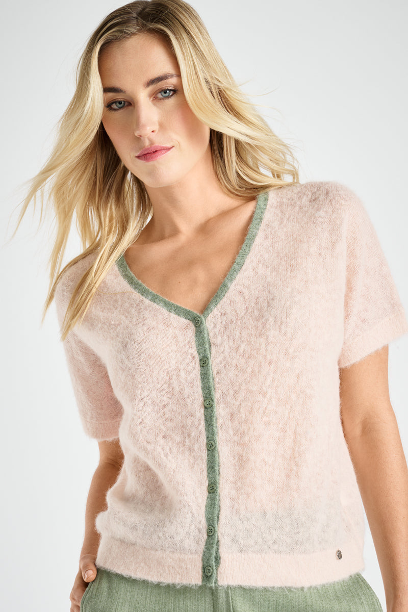 Pink alpaca cardigan with green trim
