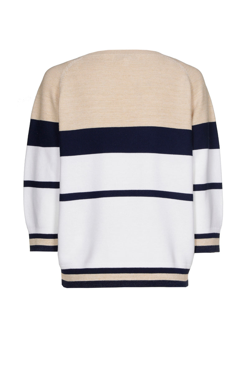 Pull met strepen in wit, marineblauw en goud
