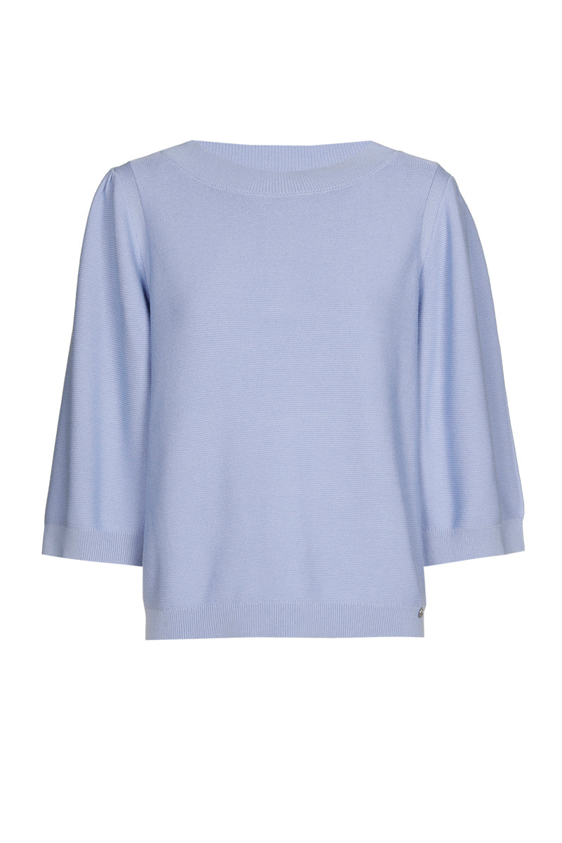 Blauwe trui met ronde hals en pofmouw