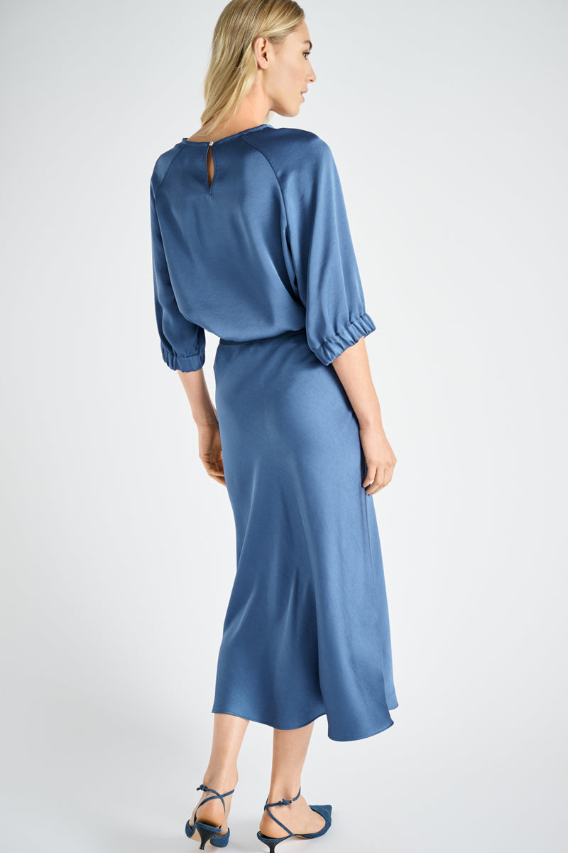Navy blue satin-like godet skirt 