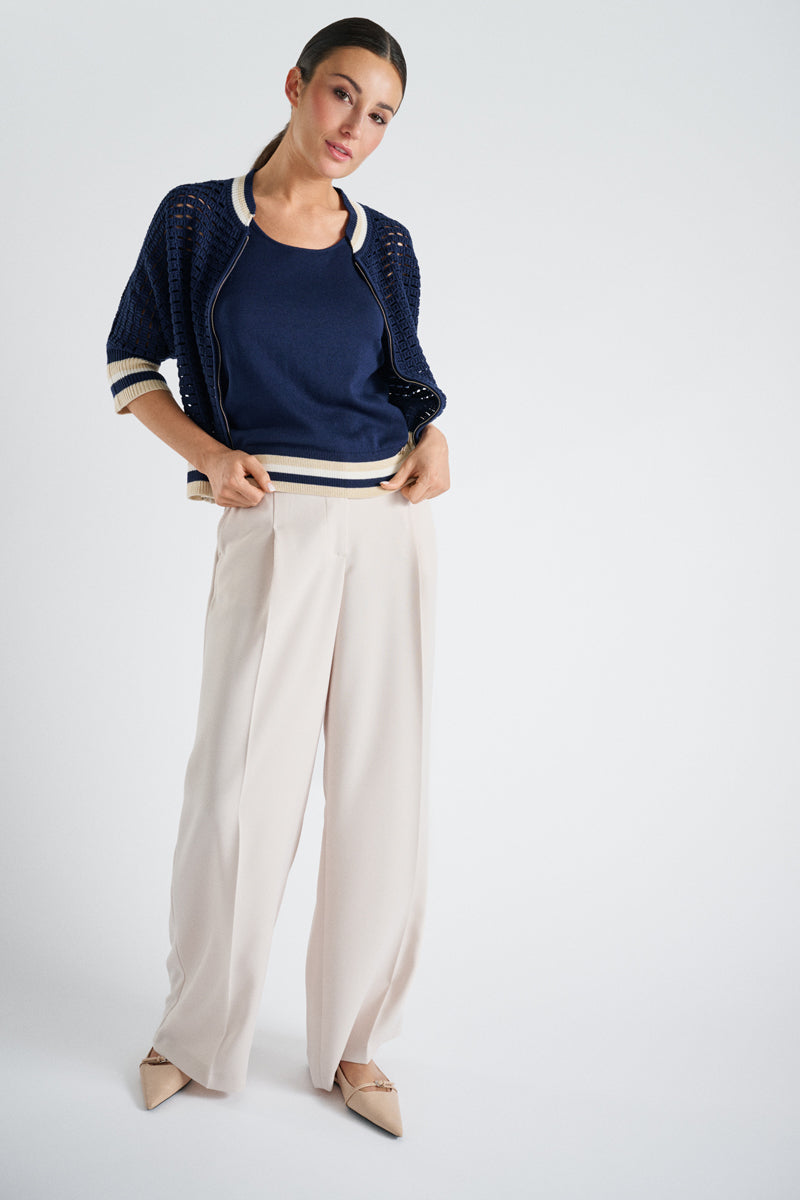 Navy top with white and ecru trim