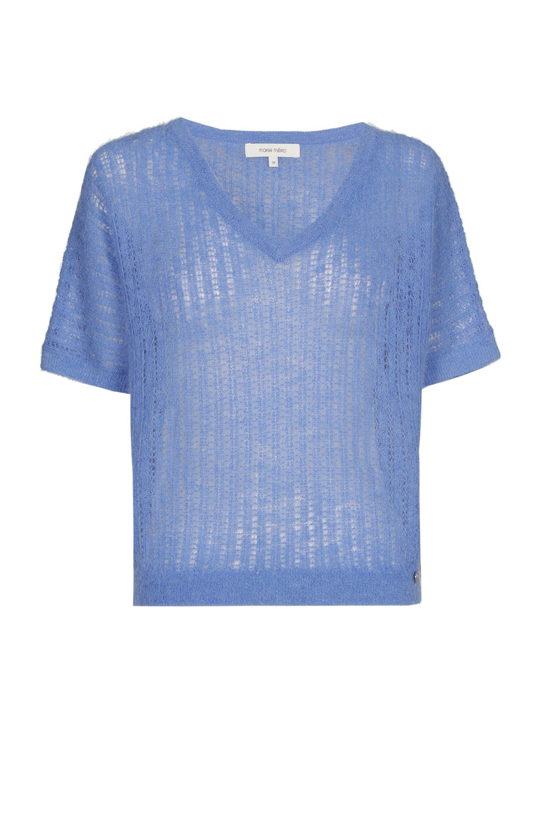 Pull V manche courte bleu alpaga