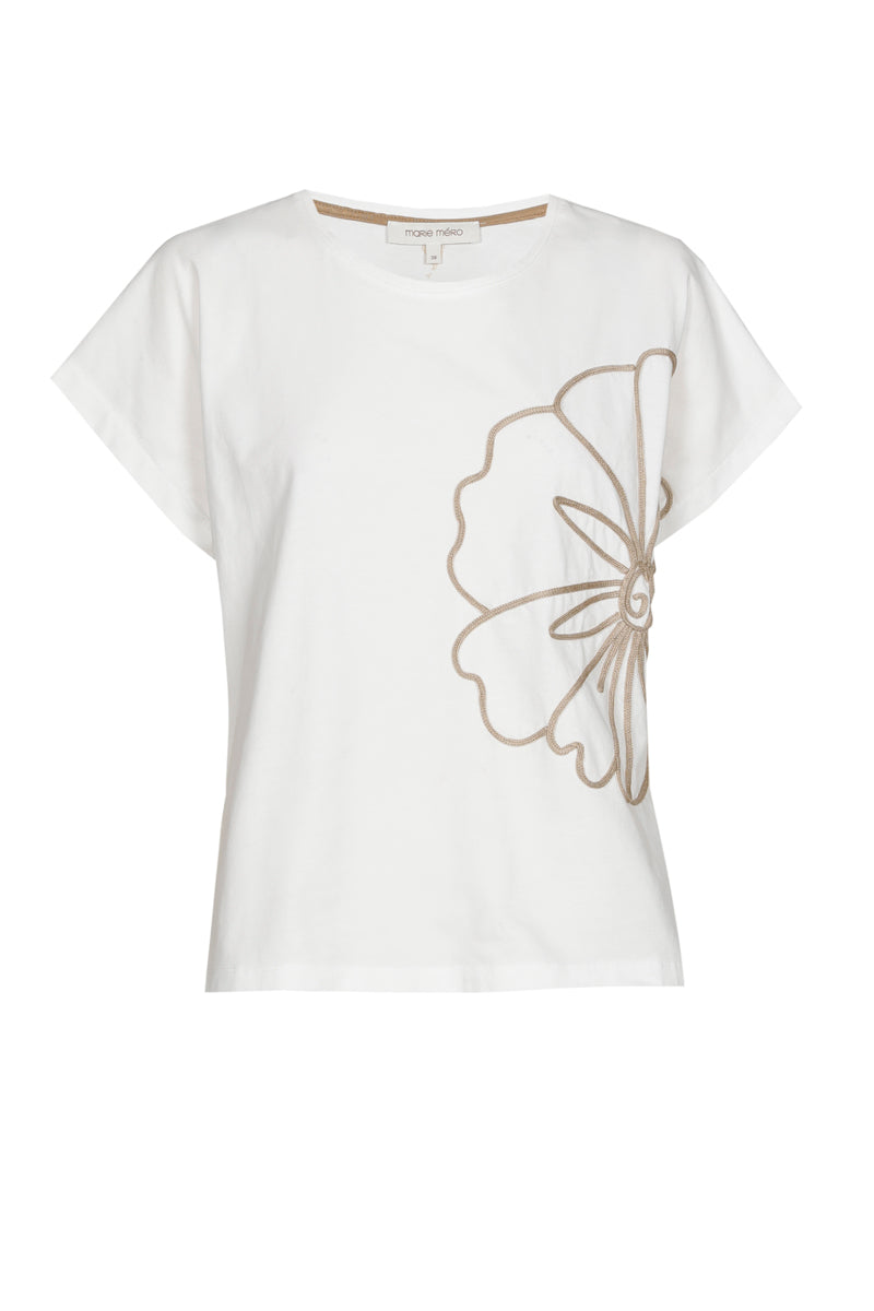 White t-shirt with beige embroidery