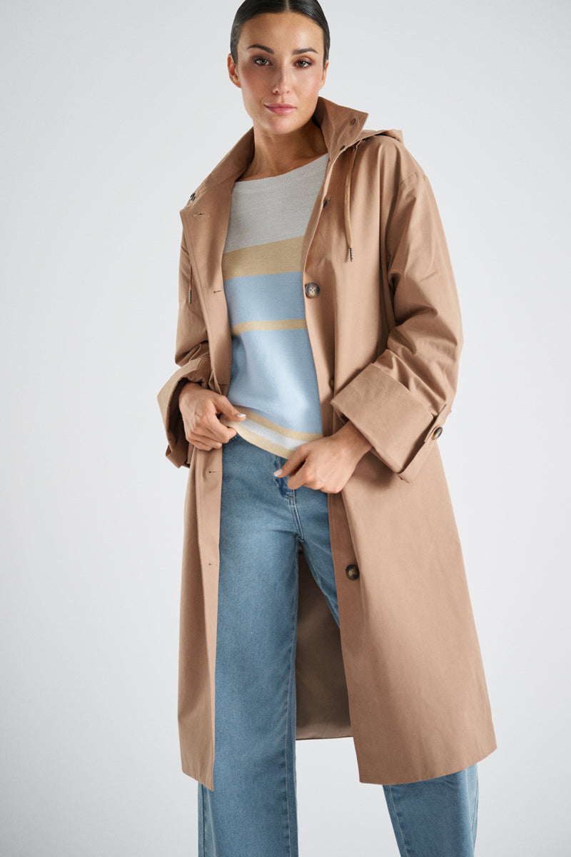 Long manteau camel doublé avec capuche et ceinture
