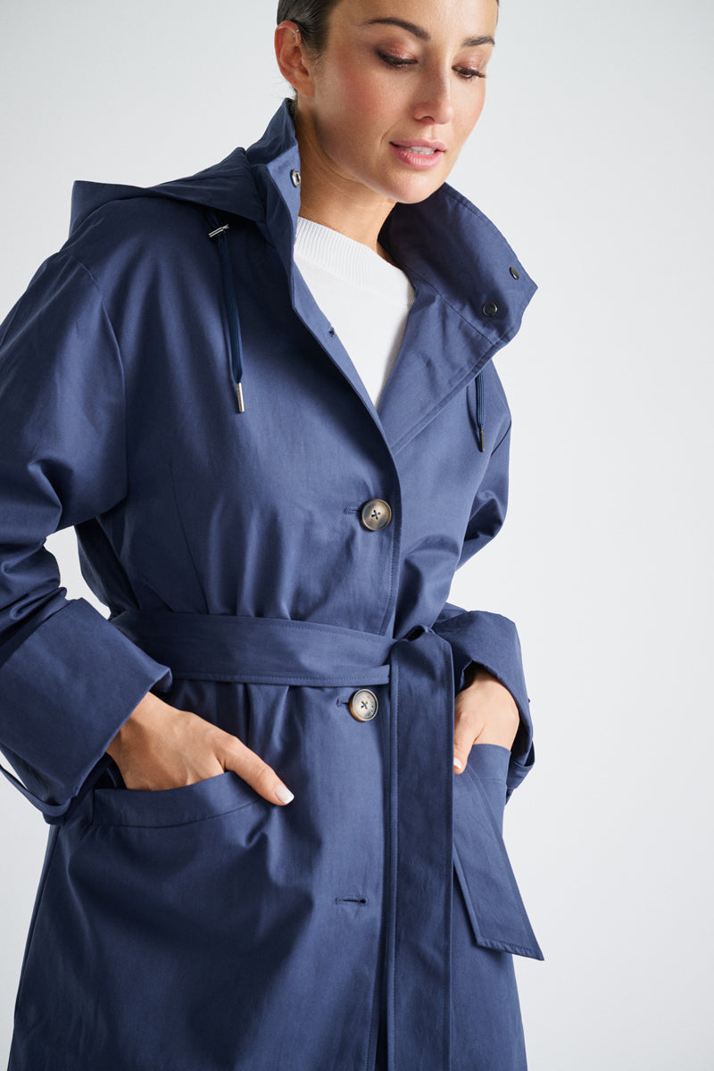 Long lined navy coat with hood and belt