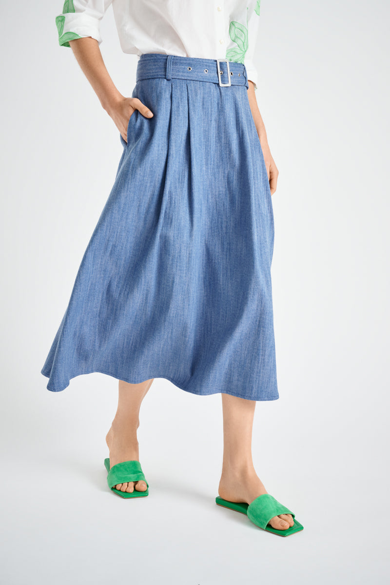 Wide belted denim skirt with pleats and pockets