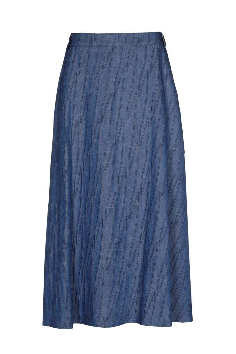 Jupe midi évasée en denim brodé