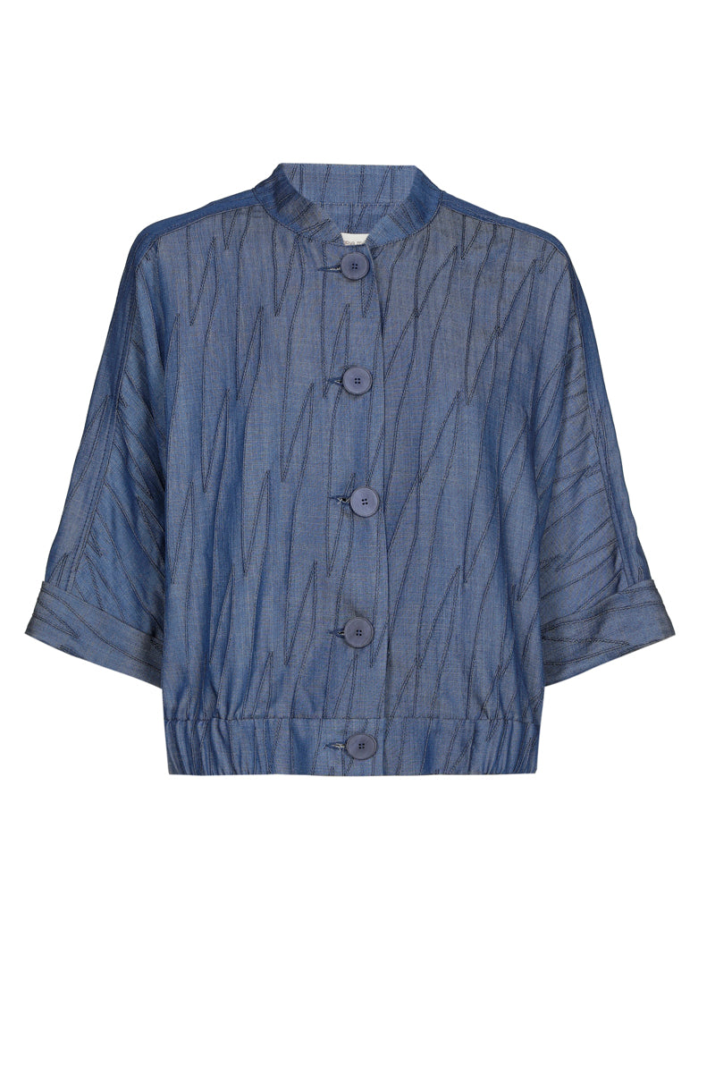 Veste-chemisier courte à col montant en denim brodé