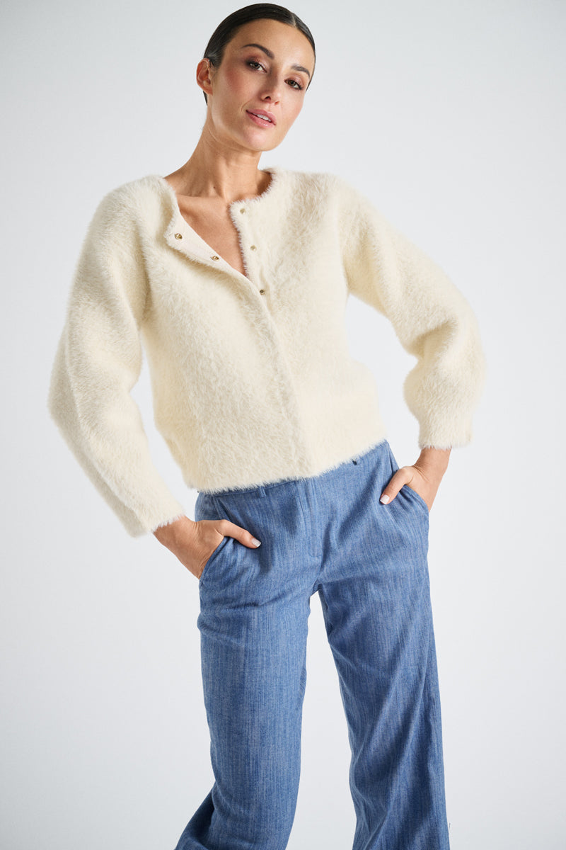 Soft knit cardigan in cream white with a subtle fluffy look