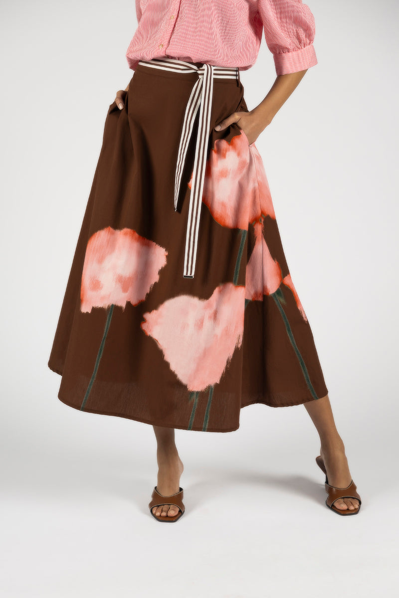 A-line belted midi skirt with flower print