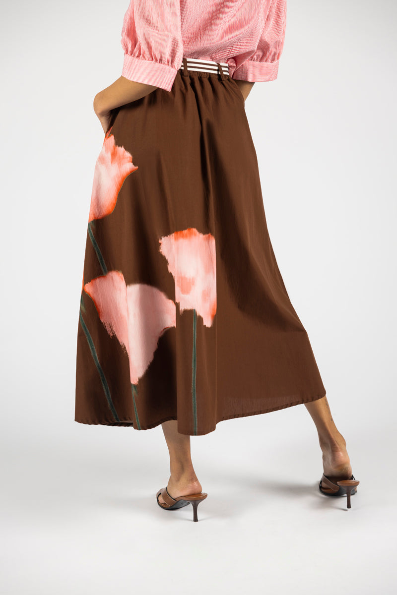 A-line belted midi skirt with flower print