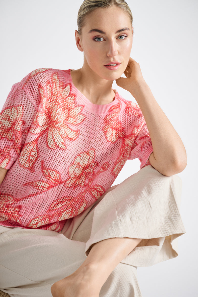 Printed crochet short sleeve sweater