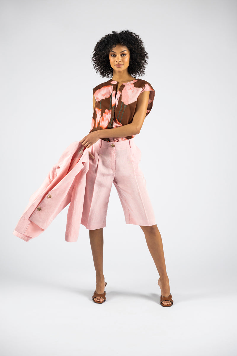 Bermuda met bandplooi in linnen-viscose