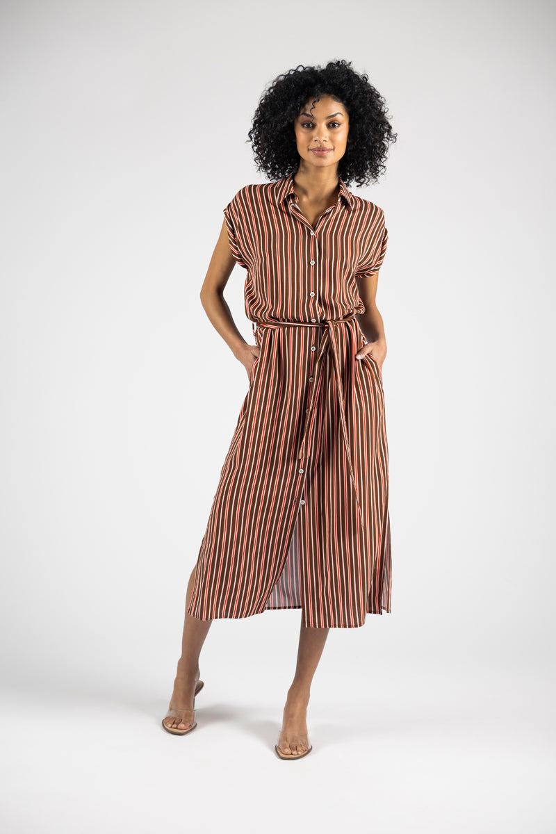 Striped midi belted shirtdress 