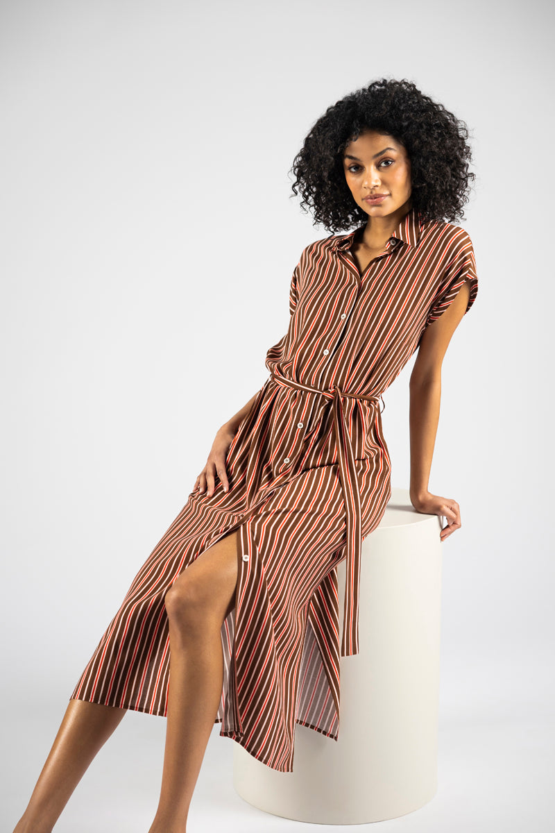 Striped midi belted shirtdress 