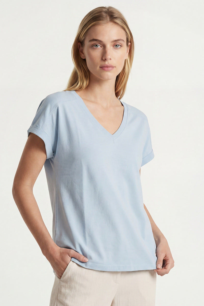 Turquoise katoenen V-hals t-shirt