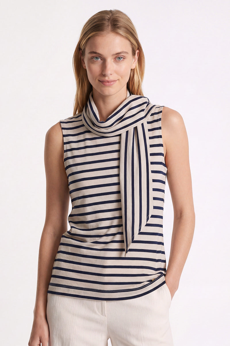 Crème-navy mouwloze top met sjaalkraag