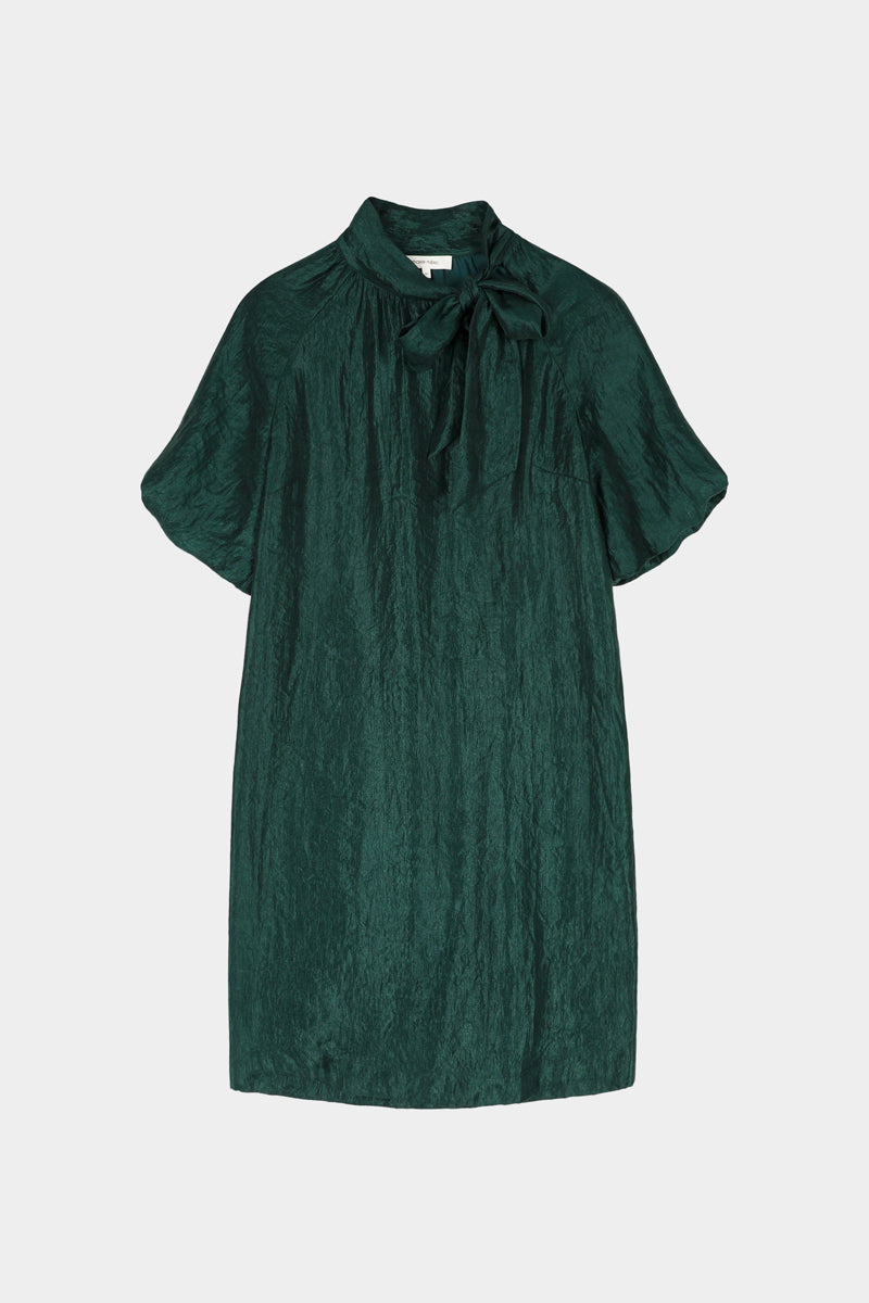 Knee-length dark green dress with bow collar and short sleeves