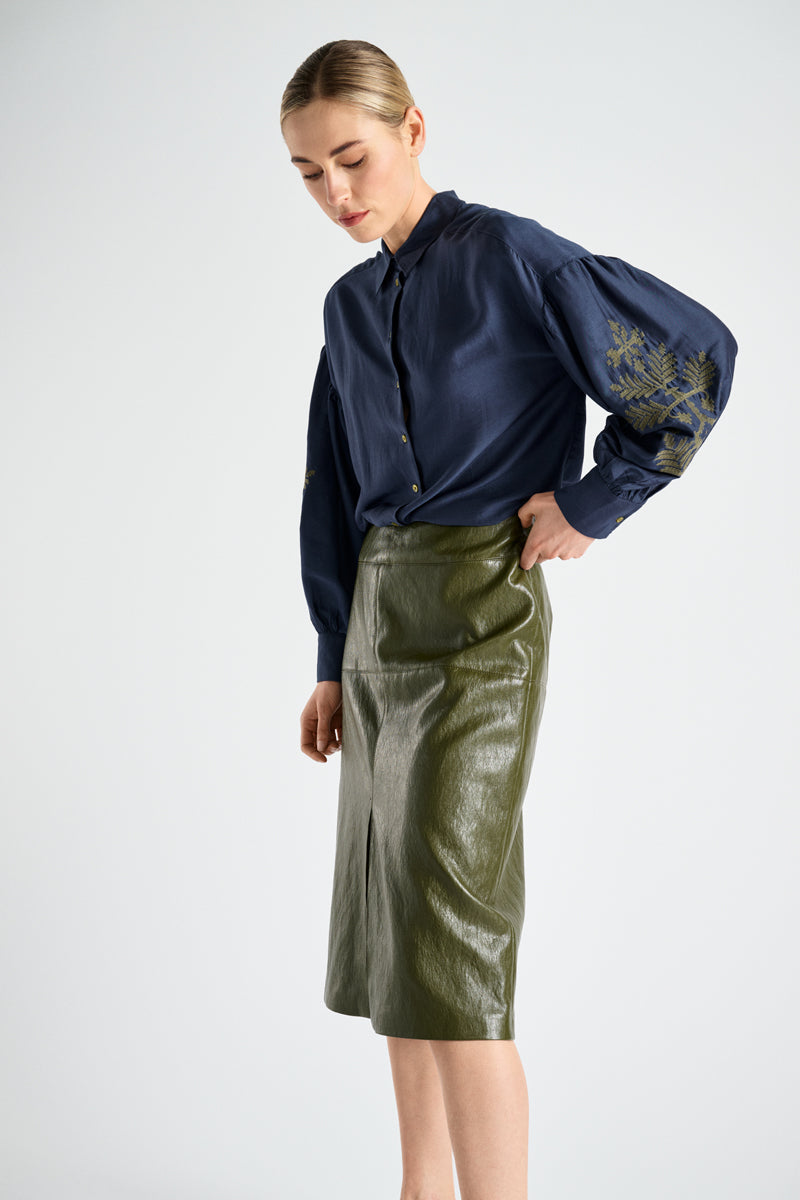 Jupe droite kaki faux cuir